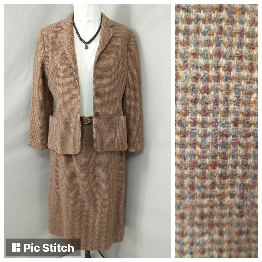 Vintage Tweed Suit USA md Neutral Woven Wool Timeless Classic Skirt Blazer &Belt